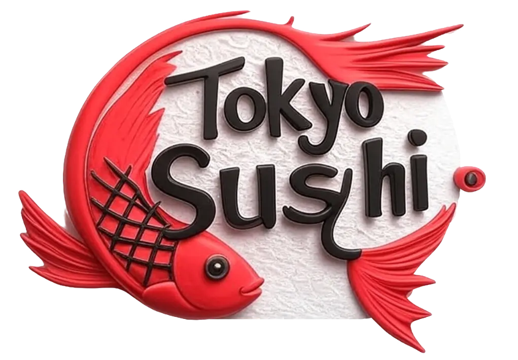 Restaurant logo featuring koi fish and the restaurant name as the emblem